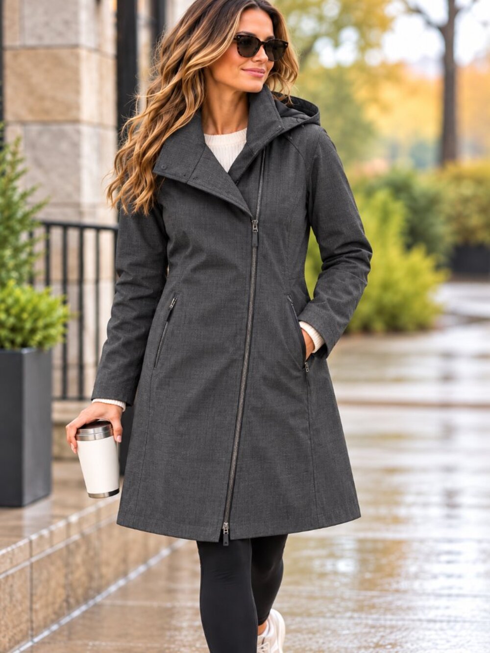 Athleta Wetland Trench Charcoal Hooded Rain Coat Jacket Size Large